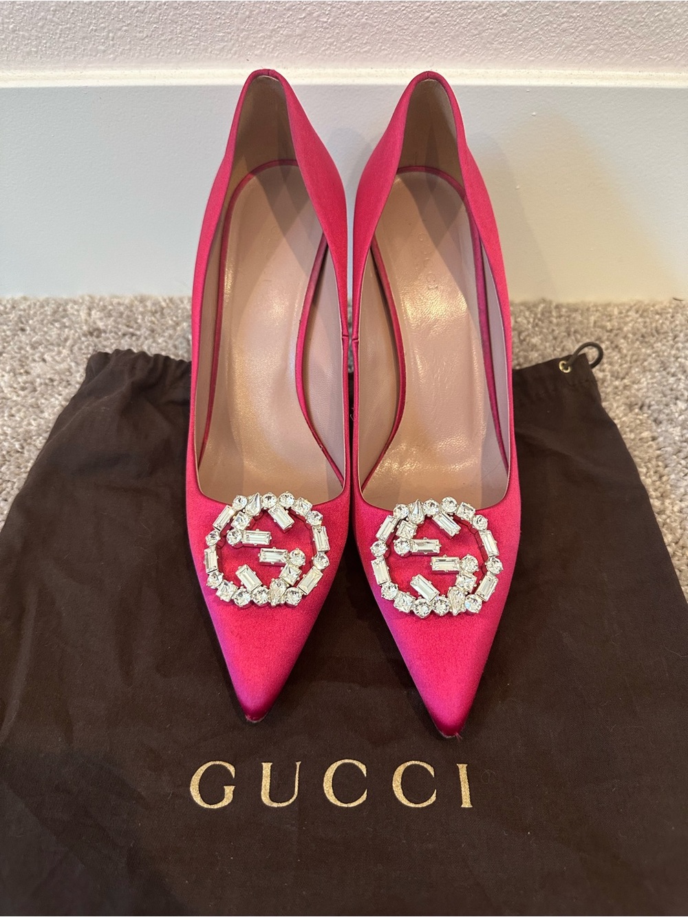 Gucci Pink Satin Pointed Toe Heels with Crystal GG Emblem